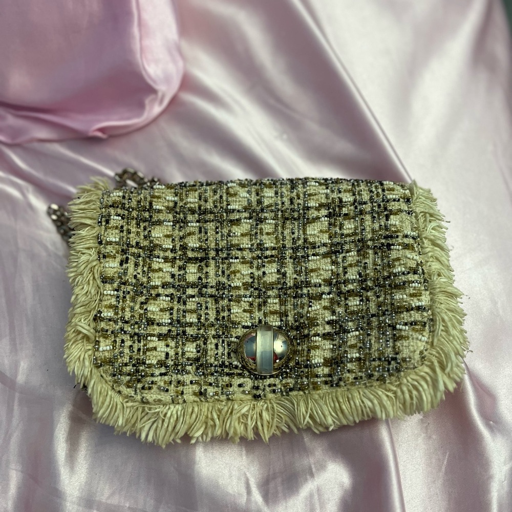 Zara Tweed Fringe bag in Cream and Black